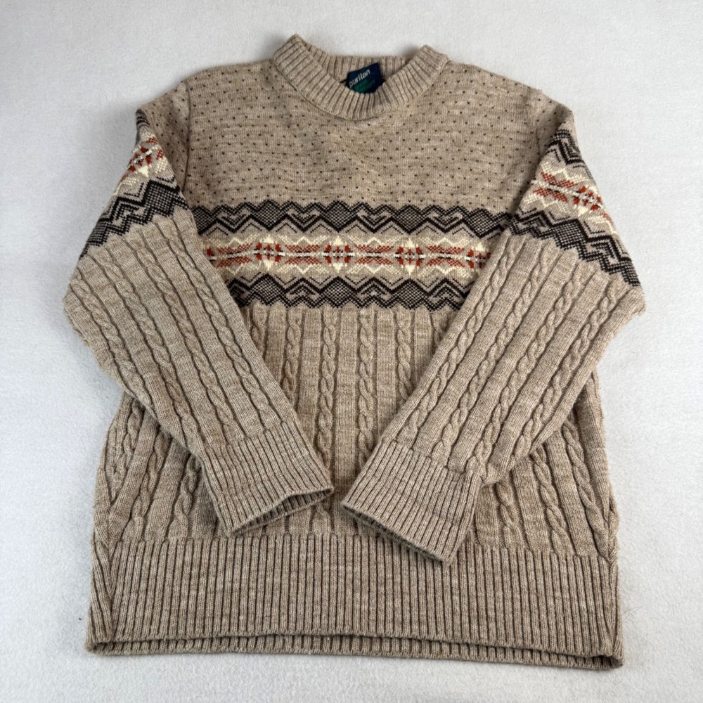 80s Puritan The Great Outdoors Mens Large Fair Isle Cable Knit Sweater Tan